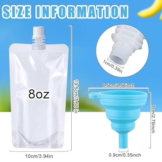 Patelai 150 Pieces Plastic Liquid Pouch Reusable Juice Pouches Travel Water Leak Proof Bags Bulk with Collapsible Silicone Funnel for Travel Outdoor (8 oz) - Image 4