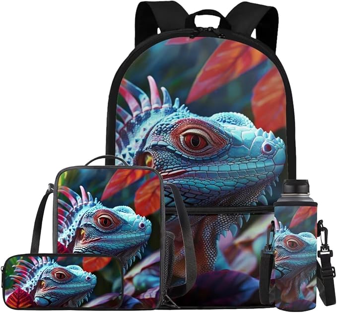 Dragon Lizard Backpack for Kids Boys Backpack with Lunch Box Water Bottle Bag and Big Pencil Case 4PCS Set Bookbag with Front Pocket for School Teens 17" Large School Bag with Side Pocket by ELEDIZI