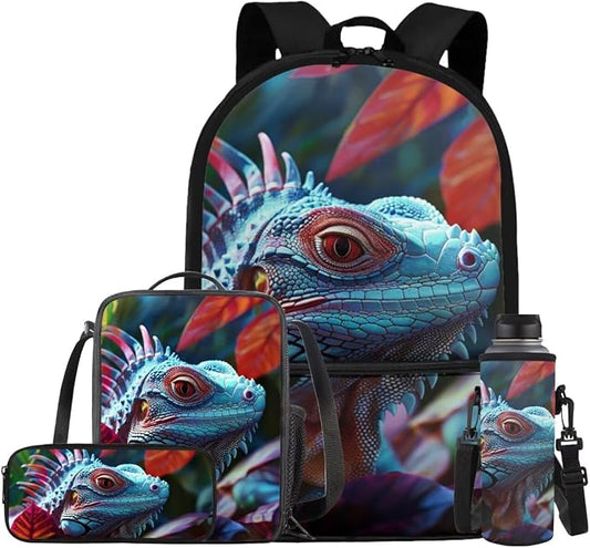 Dragon Lizard Backpack for Kids Boys Backpack with Lunch Box Water Bottle Bag and Big Pencil Case 4PCS Set Bookbag with Front Pocket for School Teens 17" Large School Bag with Side Pocket by ELEDIZI
