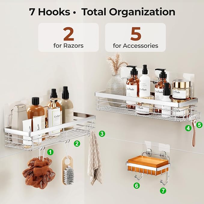 Orimade Adhesive Shower Caddy Soap Dish Holder Shelf with 5 Hooks Bathroom Organizer Basket Kitchen Storage Rack Wall Mounted No Drilling Stainless Steel - 3 Pack,Silver - Image 7