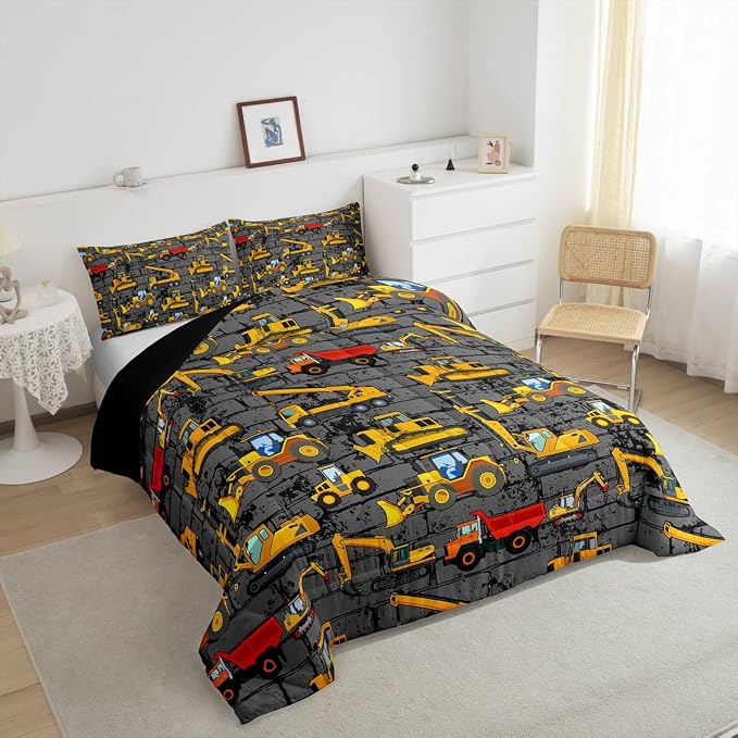 Erosebridal Excavator Comforter Set King,Tractor Construction Bedding Set for Kids Boys Teens Truck Room Decor,Cartoon Vehicle Car Bedding Comforter Construction Site Duvet Set Yellow Dark Grey 3 Pcs - Image 3