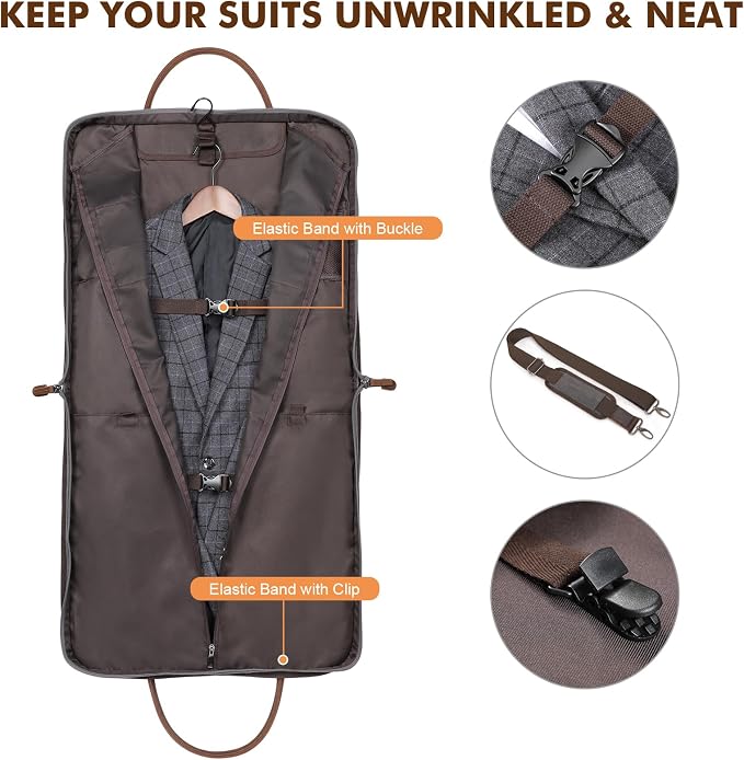 S-ZONE Carry on Garment Bag for Business Travel Canvas Leather Men Suit Cover | Leather Handle Straps, Multi-Pocket, Removable Shoulder strap, Trolley Sleeve, for Gym or Daily Use - Image 4