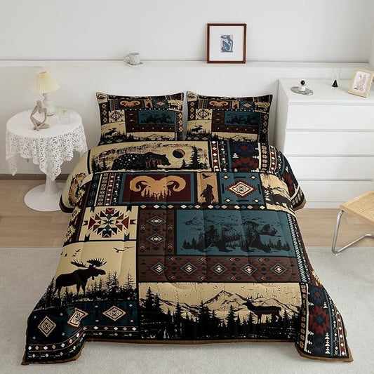 Erosebridal Aztec Comforter Sets Queen Rustic Southwestern American Native Bedding Set,Bear Deer Moose Quilt Retro Indian Style Hunting Animal Duvet Insert with 2 Pillowcases Microfiber by Erosebridal