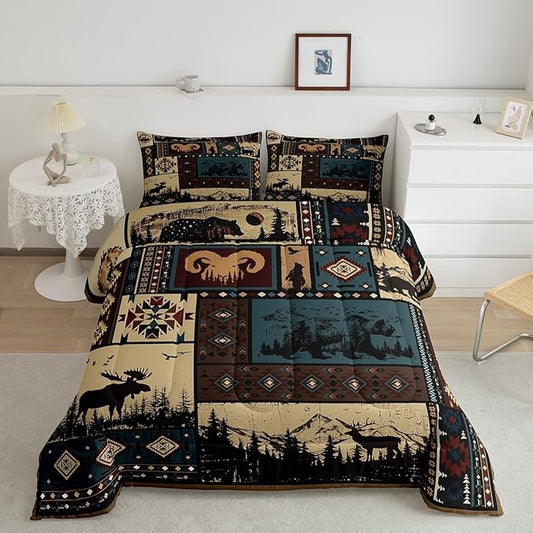 Erosebridal Aztec Comforter Sets Full Rustic Southwestern American Native Bedding Set,Bear Deer Moose Quilt Retro Indian Style Hunting Animal Duvet Insert with 2 Pillowcases Microfiber by Erosebridal