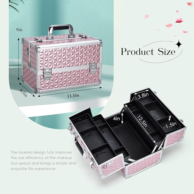 Joligrace Makeup Train Case Professional Cosmetic Organizer Aluminum Storage Box with 4 Adjustable Dividers Trays Lockable Portable with Shoulder Strap - Image 6