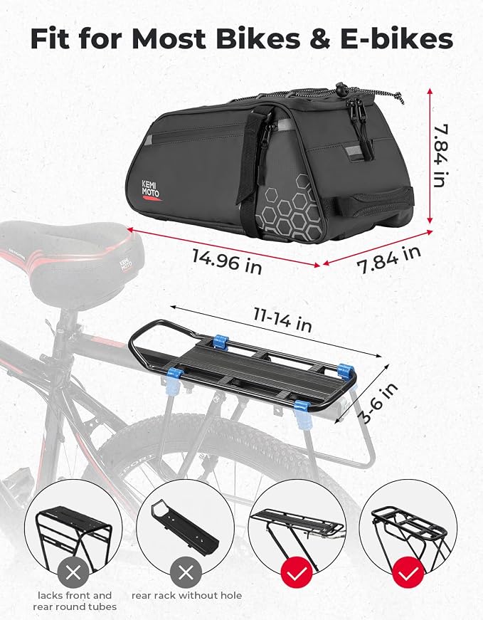KEMIMOTO 11L Bike Bag with 6L Removable Cooler Bag, Bike Rear Rack Bag PVC Water Resistant Insulated Bag, Bicycle Trunk Pannier with Shoulder for Cycling Ebike Back Seat Storage - Image 6