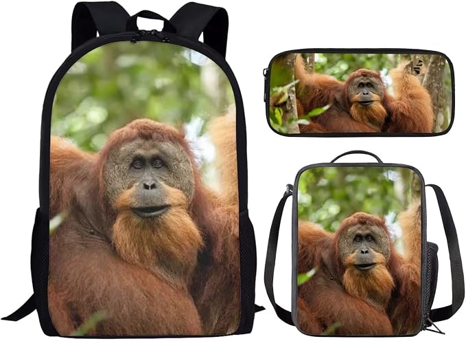 Girls Boys School Backpack with Lunch Box Pencil Case Comfy Padded Lightweight Animal Orangutan Backpack Set Kids Cute Bookbag Insulated Lunch Bag Student Large Capacity Daypack 17 Inch - Image 2