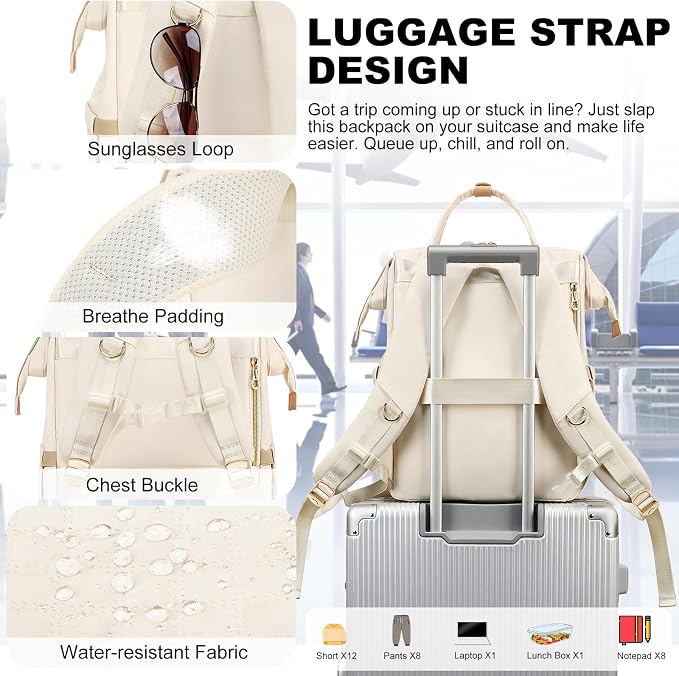 AIJIEKE Lunch Backpack for Women, 15.6 Laptop Backpack, Lunch Box, Beige | Water resistant computer bag with insulated leakproof cooler. Travel meal prep backpack for nurse, teacher, college commute - Image 4