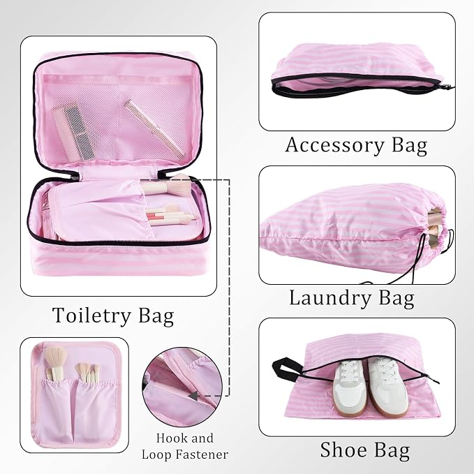 U+U 10 Set Compression Packing Cubes - Ultralight Pink Stripe Travel Organizers with Laundry Bag, Space-Saving Suitcase Organizer, Expandable Packing Cubes for Travel and Family Vacation (Pink Stripe) - Image 4