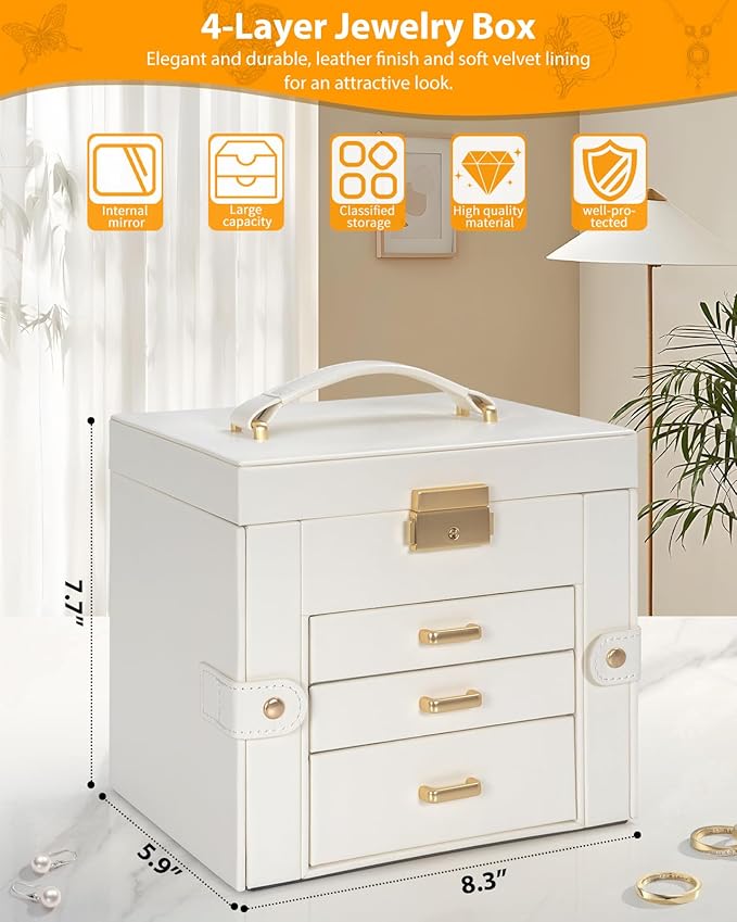 AKOZLIN 4-Tier Jewelry Box Leather Jewelry Storage Organizer with 3 Drawers Lockable for Women Girls Ring Necklace Earring Bracelet Holder with Mirror White - Image 2
