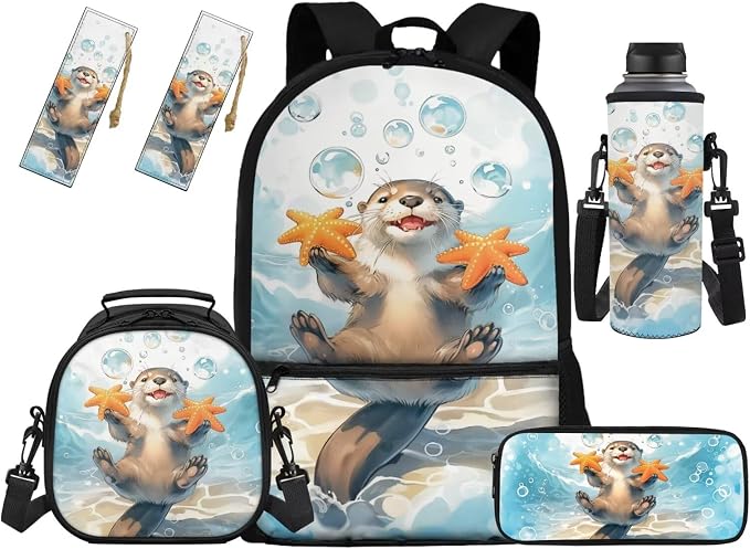Otter Backpack for Boys Kids Backpack with Lunch Box Water Bottle Pouch and Kawaii Pencil Case Bookmark 5 Pcs Set for 3rd Grade Preschool Back to School Gifts by Unknown