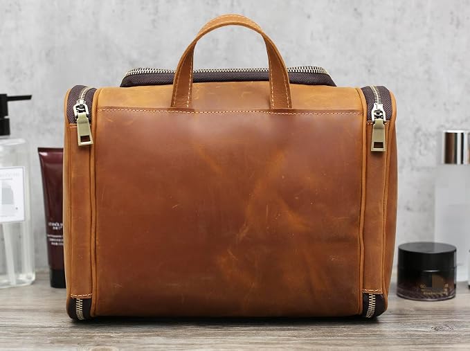 EURYNOME Leather Toiletry Bag For Men Women,Full Grain Leather Toiletries Organizer,Travel Hanging Toiletry Bag Large Water-resistant Bathroom Shaving Kit for Cosmetics, Makeup Case Travel Dopp Kit - Image 8