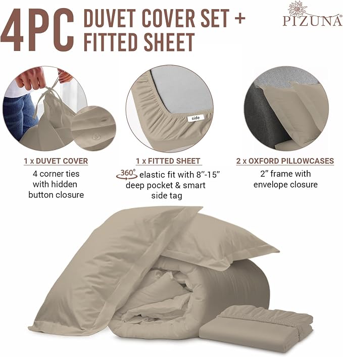 Pizuna 100% Cotton Queen 1 Pc Duvet Cover + 1 Pc Fitted Sheet Set 400 Thread Count Simply Taupe Sateen Weave Luxurious Long Staple Cotton 4 Pc Bedding Set-1 Duvet Cover,2 Pillow Shams,1 Fitted Sheet - Image 3
