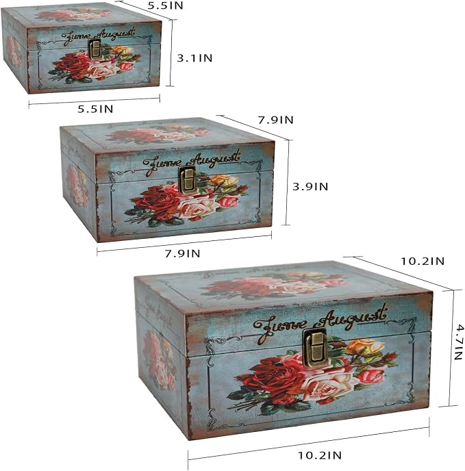Jolitac Wood Storage Box Set of 3, Vintage Decorative Nesting Boxes Wooden Treasure Storage Crates With Latch, Home Decor Rustic Antique Boxes With Lid for Photos, Jewelry, Cash (Bloom) - Image 7