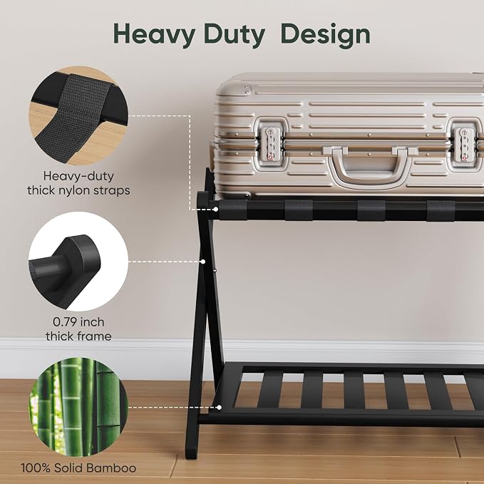 Smart FENDEE Fully Assembled Black Luggage Rack, Suitcase Stand with Shoe Shelf, Folding Wooden Luggage Stand for Guest Room, Bedroom, Hotel - Image 2