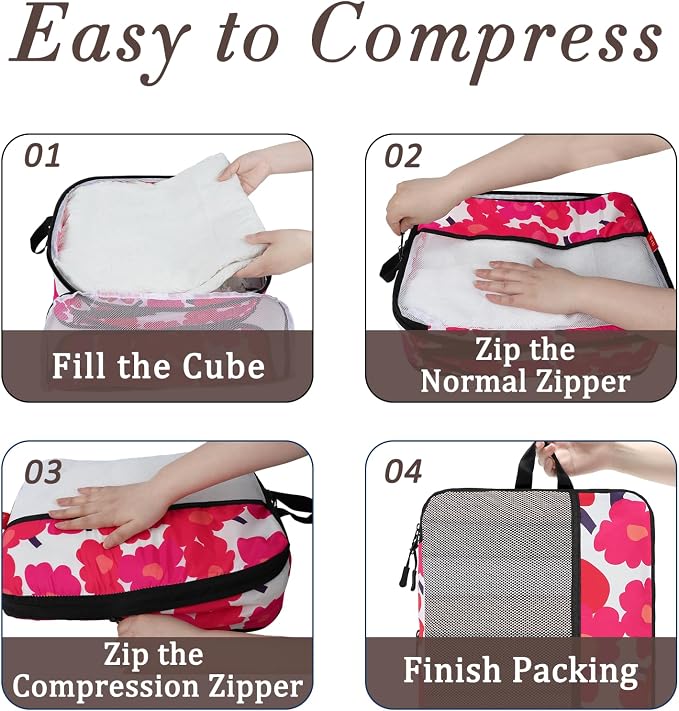 U+U 4 Set Compression Packing Cubes - Ultralight Travel Organizers, Space-Saving Suitcase Organizer, Expandable Packing Cubes for Travel, Business Trip and Family Vacation (Red Flower) - Image 4