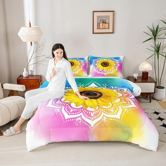 Erosebridal Bohemian Mandala Comforter Set Twin Size, Kids Boho Sunflower Duvet Sets Tie Dye Tribal Exotic Bedding Set for Boys Girls Teens Women, Psychedelic Watercolor Quilt Set Soft for Bedroom by Erosebridal
