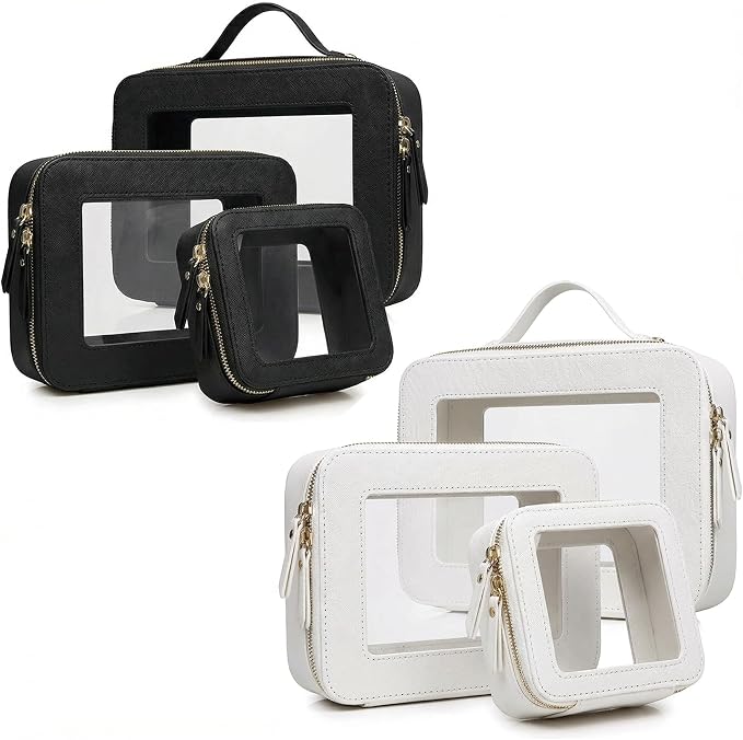 Makeup Bag | Transparent Toiletry Bag | Portable Waterproof Makeup Storage Bag | Travel-Specific Skincare Storage Bag | 2 Sets, L+M+MINI (White+Black) by LAZYTAIL