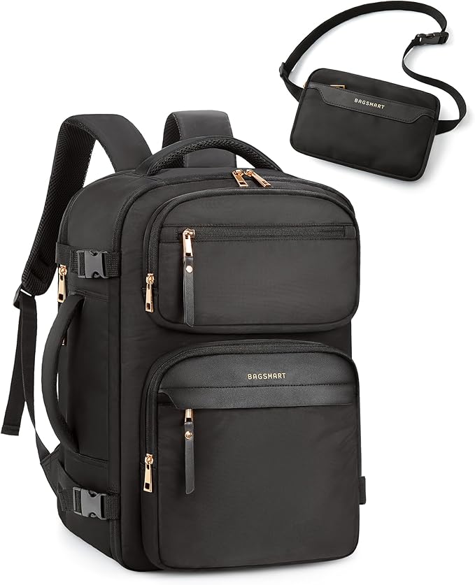 BAGSMART Womens Backpack Carry On Flight Approved, Travel Backpack for Women with Waist Bag, Traveling Lightweight Weekender Casual Daypack 17.3" Laptop Work Back pack Personal Item Travel Bag, Black by BAGSMART