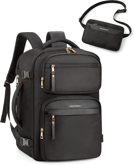 BAGSMART Womens Backpack Carry On Flight Approved, Travel Backpack for Women with Waist Bag, Traveling Lightweight Weekender Casual Daypack 17.3" Laptop Work Back pack Personal Item Travel Bag, Black by BAGSMART