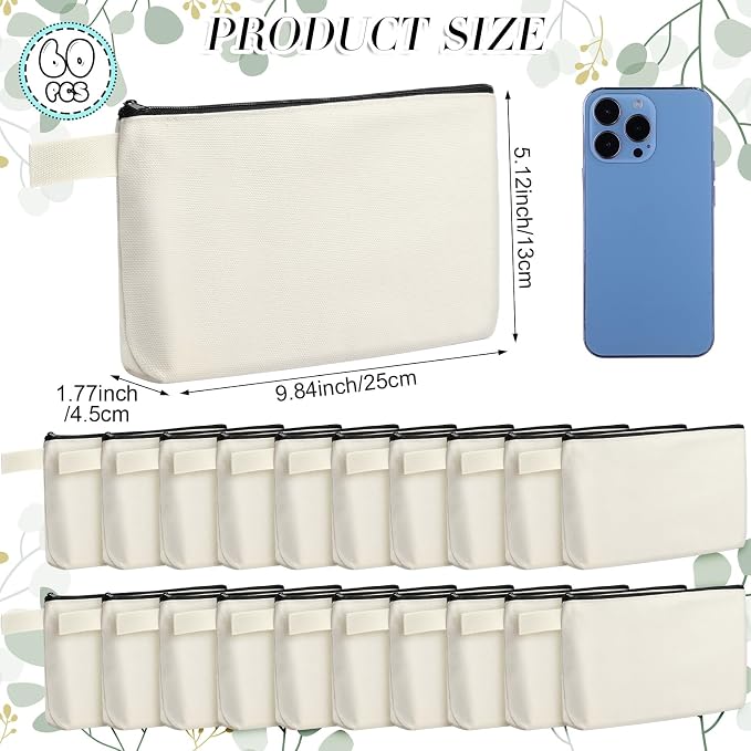 Reginary 60 Pcs Cream Canvas Makeup Bag Bulk Portable Travel Cosmetic Pouch Versatile Blank Toiletry Bag with Zipper for Women DIY Craft Purse Pencil Case (9.8 x 5 x 2 Inch) - Image 2