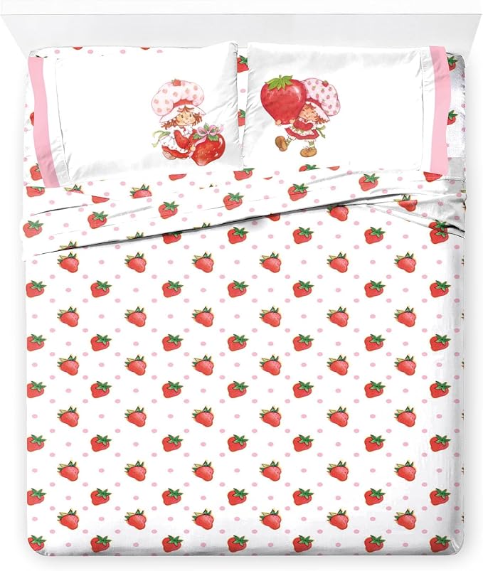 Jay Franco Kids Sheet Set with Fitted, Flat Sheets & Pillow Cover - Ultra-Soft Bedding with Pillowcase for Room Decor, White - Strawberry Shortcake, 4 Piece Full by JayFranco