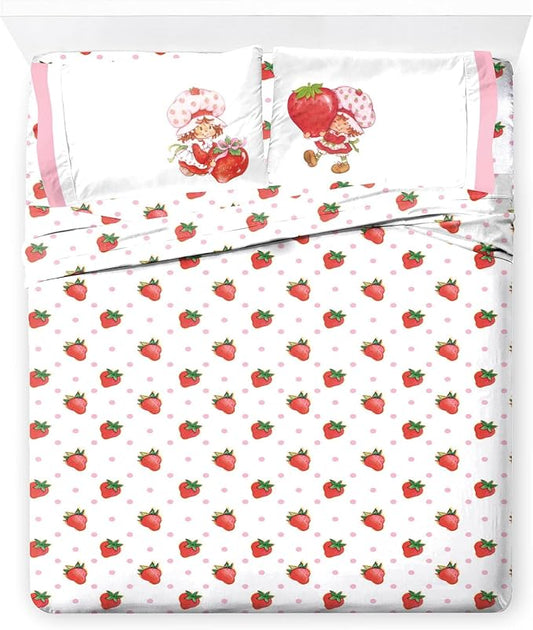 Jay Franco Kids Sheet Set with Fitted, Flat Sheets & Pillow Cover - Ultra-Soft Bedding with Pillowcase for Room Decor, White - Strawberry Shortcake, 4 Piece Full by JayFranco