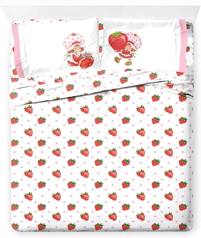 Jay Franco Kids Sheet Set with Fitted, Flat Sheets & Pillow Cover - Ultra-Soft Bedding with Pillowcase for Room Decor, White - Strawberry Shortcake, 4 Piece Queen by JayFranco