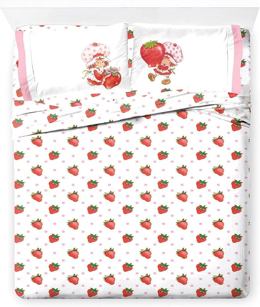 Jay Franco Kids Sheet Set with Fitted, Flat Sheets & Pillow Cover - Ultra-Soft Bedding with Pillowcase for Room Decor, White - Strawberry Shortcake, 4 Piece Queen by JayFranco