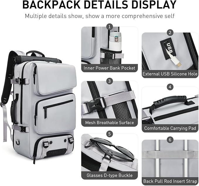 Backpack for Traveling On Airplane,Expandable Carry On Laptop Backpack for Men and Women,Outdoor Travel Bag,Grey - Image 5