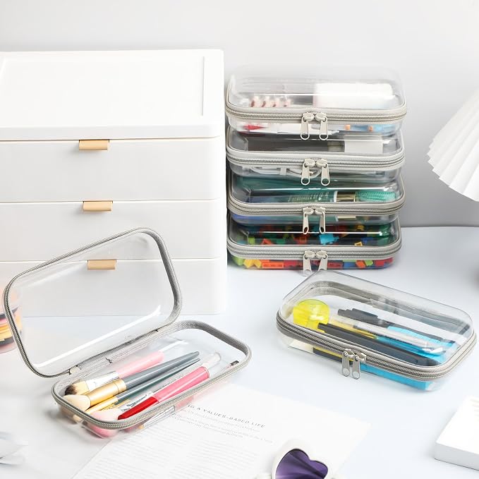 Sanwuta 6 Pcs Clear Hard Zipper Case Plastic Zipper Pouches Transparent Makeup Bag Pencil Case Pouches Toiletry Diaper Bag for Travel Toy Storage Organizer Bins(Gray,7.48 x 3.94 x 2 Inch) - Image 5