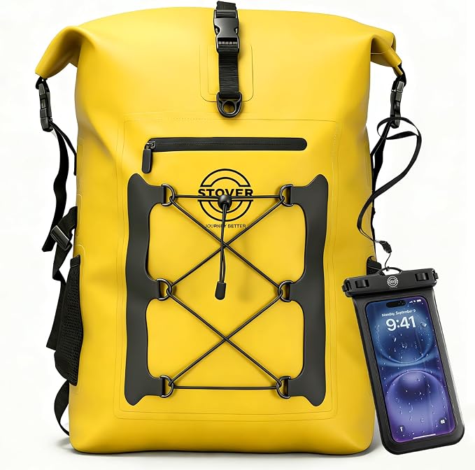 STOVER 30/40/55L Waterproof Dry Backpack & Phone Case- 2XL Floating Dry Bag for Kayaking, Travel, Hiking, Fishing, Camping, Motorcycles & Beach, Heavy-Duty Roll Top Men/Women (Yellow) by STOVER