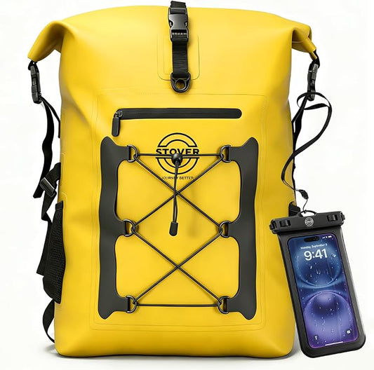 STOVER 30/40/55L Waterproof Dry Backpack & Phone Case- 2XL Floating Dry Bag for Kayaking, Travel, Hiking, Fishing, Camping, Motorcycles & Beach, Heavy-Duty Roll Top Men/Women (Yellow) by STOVER