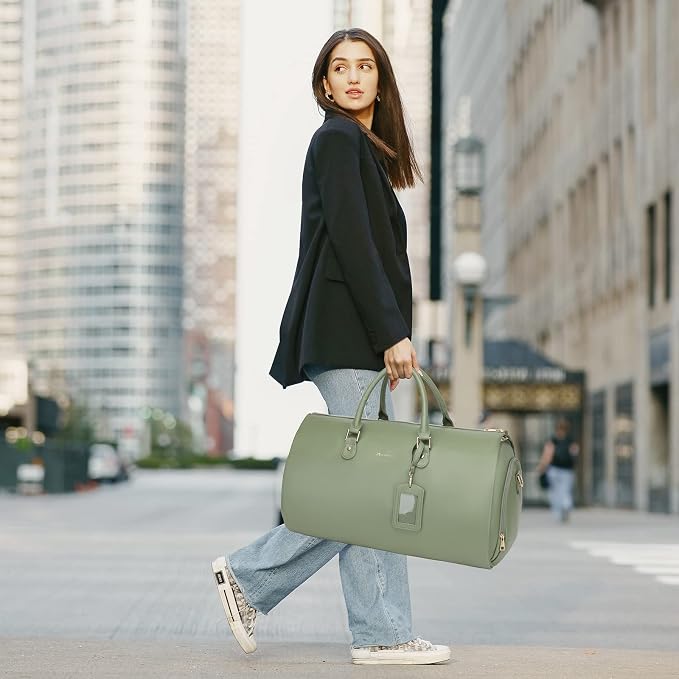 Modoker Women Convertible Leather Garment Bag with Shoulder Strap, PU Leather Garment Duffel Bag Carry on 2 in 1 Hanging Suitcase Suit Travel Bags, Green - Image 6