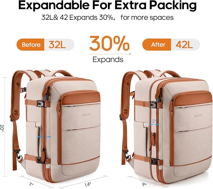 Bagsure Travel Backpack Carry On Backpack 42L Flight Approved, Expandable Laptop Backpack with Packing Cubes & Shoe Pocket, Water Resistant Luggage Backpack for Men Women, Large Backpack 20 * 14 * 7" - Image 2