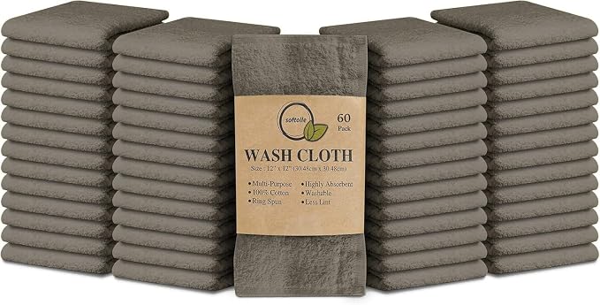 100% Cotton Ring Spun Wash Cloths – Bulk Pack of Washcloths – 12x12 Inches – Wash Cloth for Face, Highly Absorbent, Soft and Face Towels (Taupe, 60 Pack) by Softolle