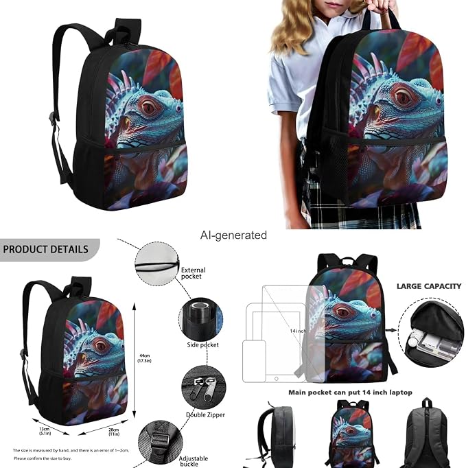 Dragon Lizard Backpack for Kids Boys Backpack with Lunch Box Water Bottle Bag and Big Pencil Case 4PCS Set Bookbag with Front Pocket for School Teens 17" Large School Bag with Side Pocket - Image 3