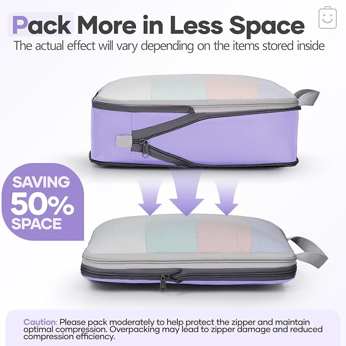 Veken 11 Set Compression Packing Cubes for Travel Essentials,Compressible Expandable Luggage Suitcase Organizer Bags with Garment Bag,Space Saver Bags with Over 1000 pcs of Mesh Holes(Light Purple) - Image 6
