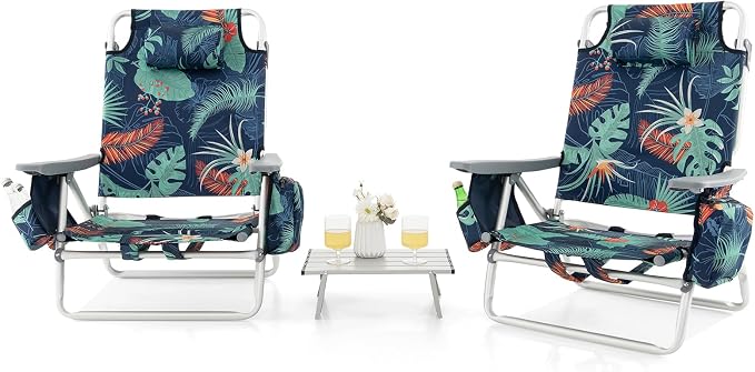 Giantex Folding Beach Chair, Patio Sling Chairs with 5 Adjustable Position, Head Pillow, Storage Bag, Towel Bar, Cup Holders, Backpack Chairs for Sunbathing, Camping Chair by Giantex