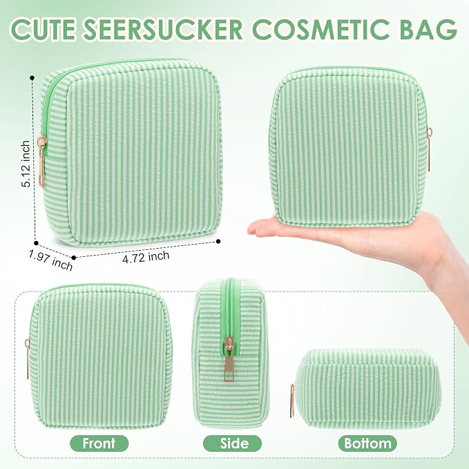 Sanwuta 6 Seersucker Cosmetic Bag Bulk Striped Makeup Bag for Women Aesthetic Cute Travel Toiletry Organizer Preppy Storage Pouch for Wedding Bridesmaid Mother's Day Teacher Gift (Small,Green) - Image 2