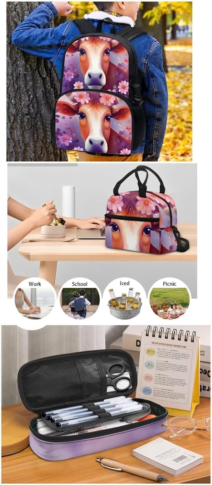 Purple Floral Cow Backpack with Lunch Box and Pencil Case Girls Comfy Padded Cute School Backpack Set of 3 Bookbag for Student Lightweight Large Capacity Daypack - Image 5