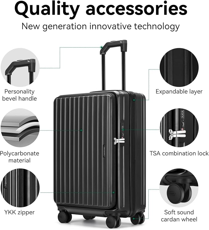 ROAMING 20 Inch Carry On Luggage Hard Shell Suitcases with Wheels Cup Holder Tsa Approved Luggage Suitcase Travel Luggage for Women Men Rolling Luggage Bags for Business Trip Weekender-Black - Image 4