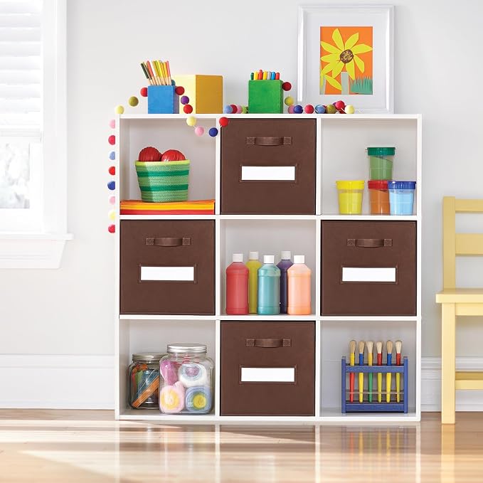 Fabric storage cubes (Set of 8) 11 Inch Cube Storage Bin, Cube storage with 8 Labels Window Cards & a Pen, Foldable cube Organizer bins,11x11 Storage bin, Cubby Organizer Boxes, Brown - Image 6