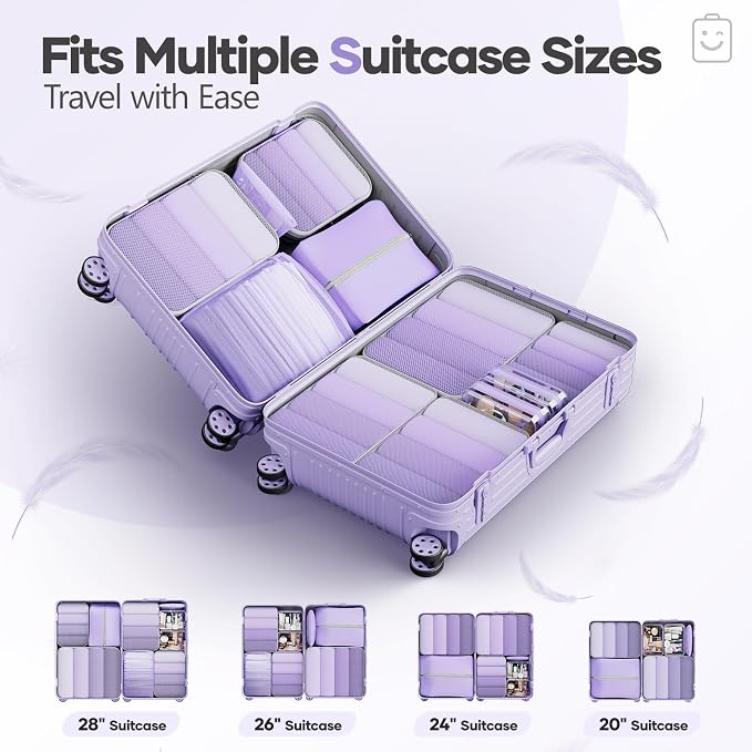 Veken 11 Set Compression Packing Cubes for Travel Essentials,Compressible Expandable Luggage Suitcase Organizer Bags with Garment Bag,Space Saver Bags with Over 1000 pcs of Mesh Holes(Light Purple) - Image 8