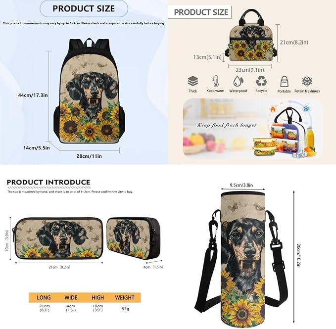 4 pcs Kids Backpack Set, School Supplies Include School Bags Book Bag with Insulated Lunch Bag Kit Pen Bags Water Bottle Sleeve Set for Kids Teens Boys Girls, Dachshund Sunflower - Image 7