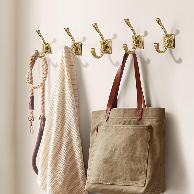Large Wall Hooks 2 Pack Brushed Gold Coat Hardware for Hanging 4.35 Inch Double Robe Wall Mounted With Screws for Key, Towel, Bags, Cup, Hat - Image 4