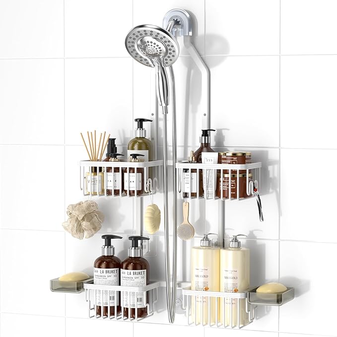 REINHARDT Aluminum Shower Caddy Hanging Adjustable Shower Caddy, Rustproof Hanging Shower Organizer with Hooks Soap Holders, Over Shower Head Caddy for Handheld Showerhead, White by REINHARDT