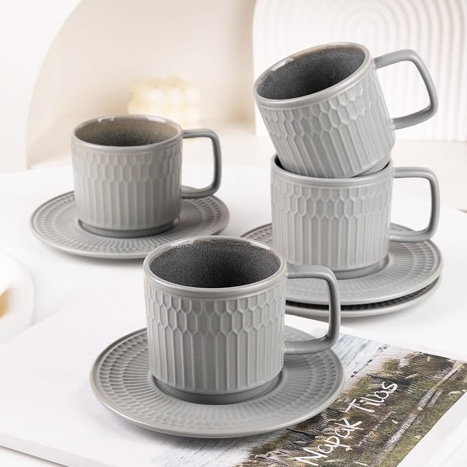 8oz Cappuccino Cups with Saucers Set of 4, 8 Ounce Stackable Embossed Ceramic Coffee Mugs for Specialty Coffee Drinks, Latte Mugs, Cafe Mocha and Tea, Dishwasher & Microwave Safe (Grey) by WHITEPENOY