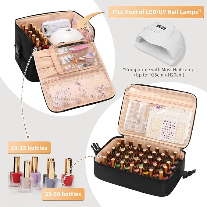 OCHEAL Nail Polish Organizer, Holds Nail Lamp and 45+ Bottles,3 Usage Modes Detachable Nail Storage Bag Travel Nail Tech Case Holds Nail Kit Stuff Manicure Tools -Black - Image 2