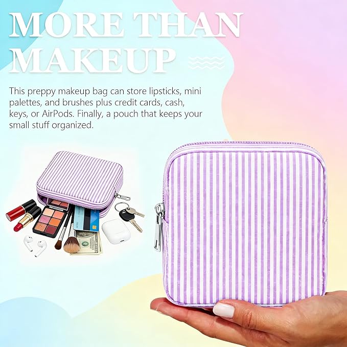Giesiery 8 Pcs Seersucker Makeup Bags Striped Cosmetic Bags Bulk Organizer for Women Preppy Travel Toiletry Pouch for Wedding Bridesmaid Gifts (Macaron Color, Small) - Image 5